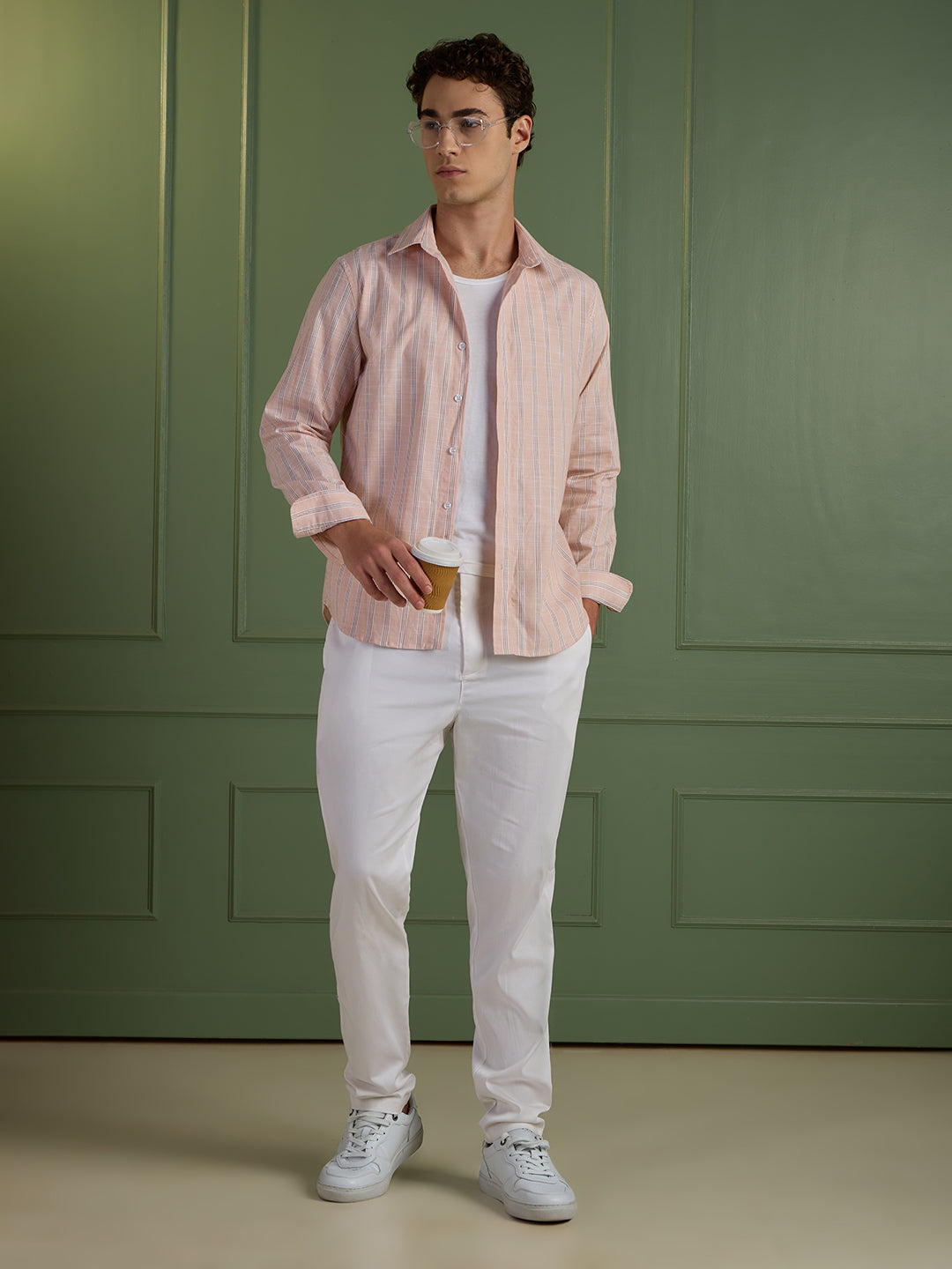 Men's Slim Fit Peach Striped 100% Cotton Casual Shirt | Mark & Albert