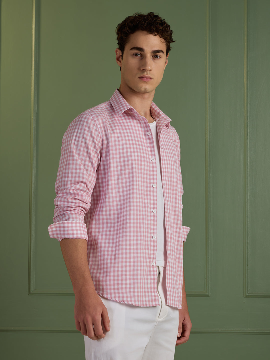 Men's Slim Fit Pink Checks 100% Cotton Casual Shirt | Mark & Albert