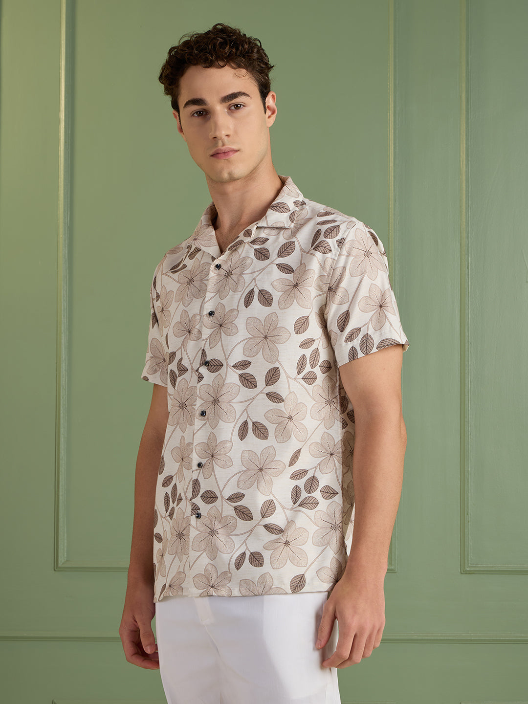 Men's Regular Fit Beige Floral Cuban Collar Half-Sleeves Shirt | MARK & ALBERT