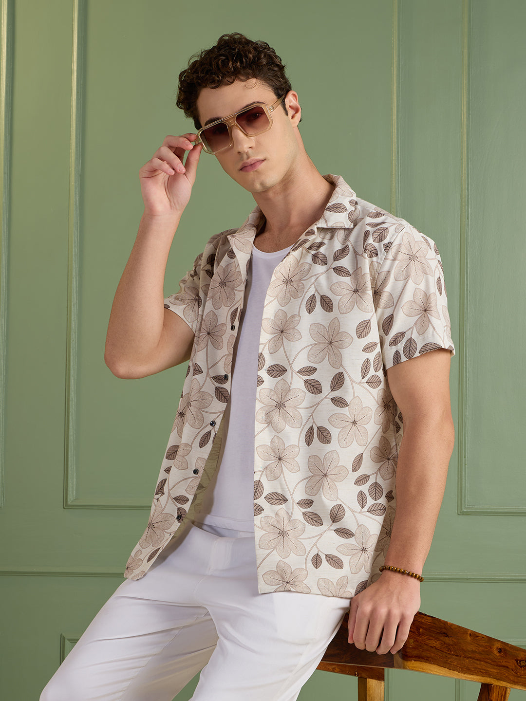 Men's Regular Fit Beige Floral Cuban Collar Half-Sleeves Shirt | MARK & ALBERT