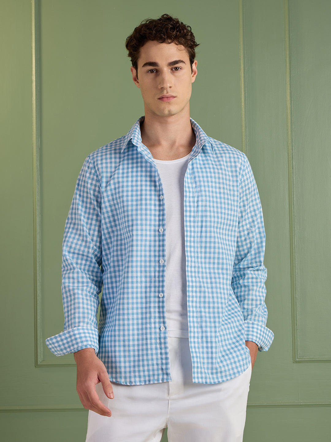Men's Slim Fit Blue Checks 100% Cotton Casual Shirt | Mark & Albert