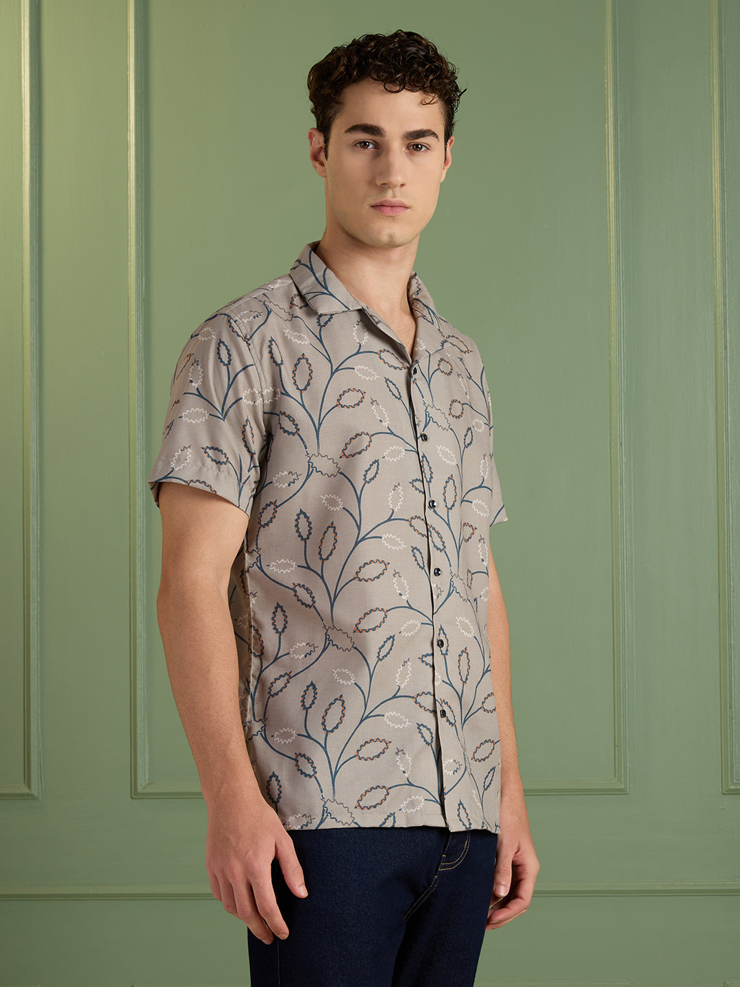 Men's Regular Fit Brown Printed Cuban Collar Half-Sleeves Shirt | MARK & ALBERT