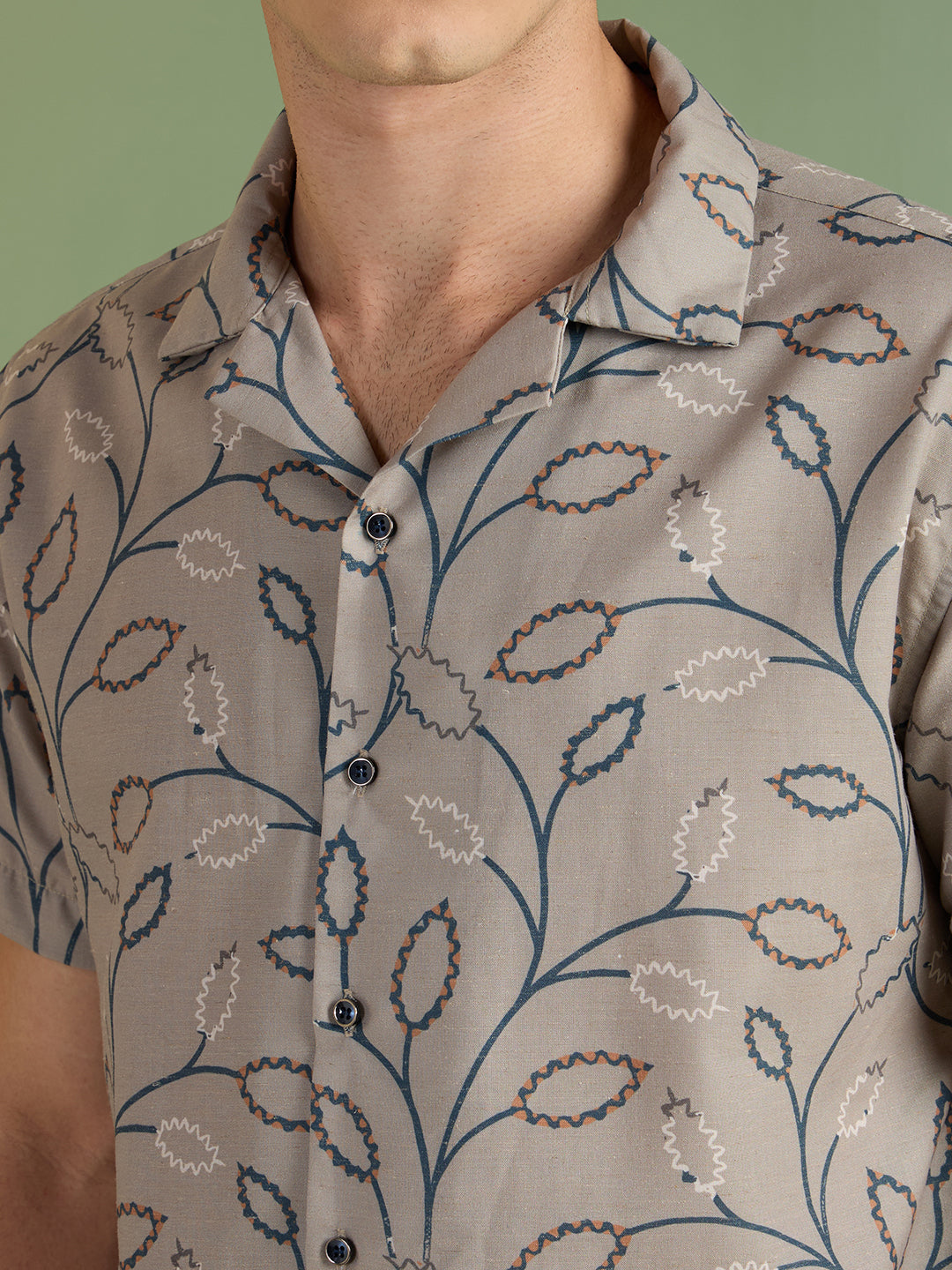 Men's Regular Fit Brown Printed Cuban Collar Half-Sleeves Shirt | MARK & ALBERT