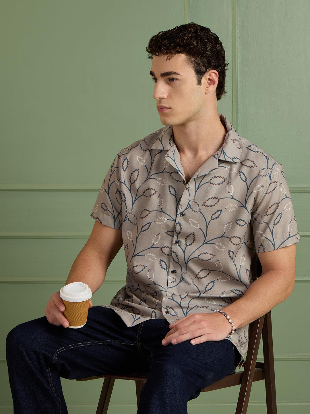 Men's Regular Fit Brown Printed Cuban Collar Half-Sleeves Shirt | MARK & ALBERT