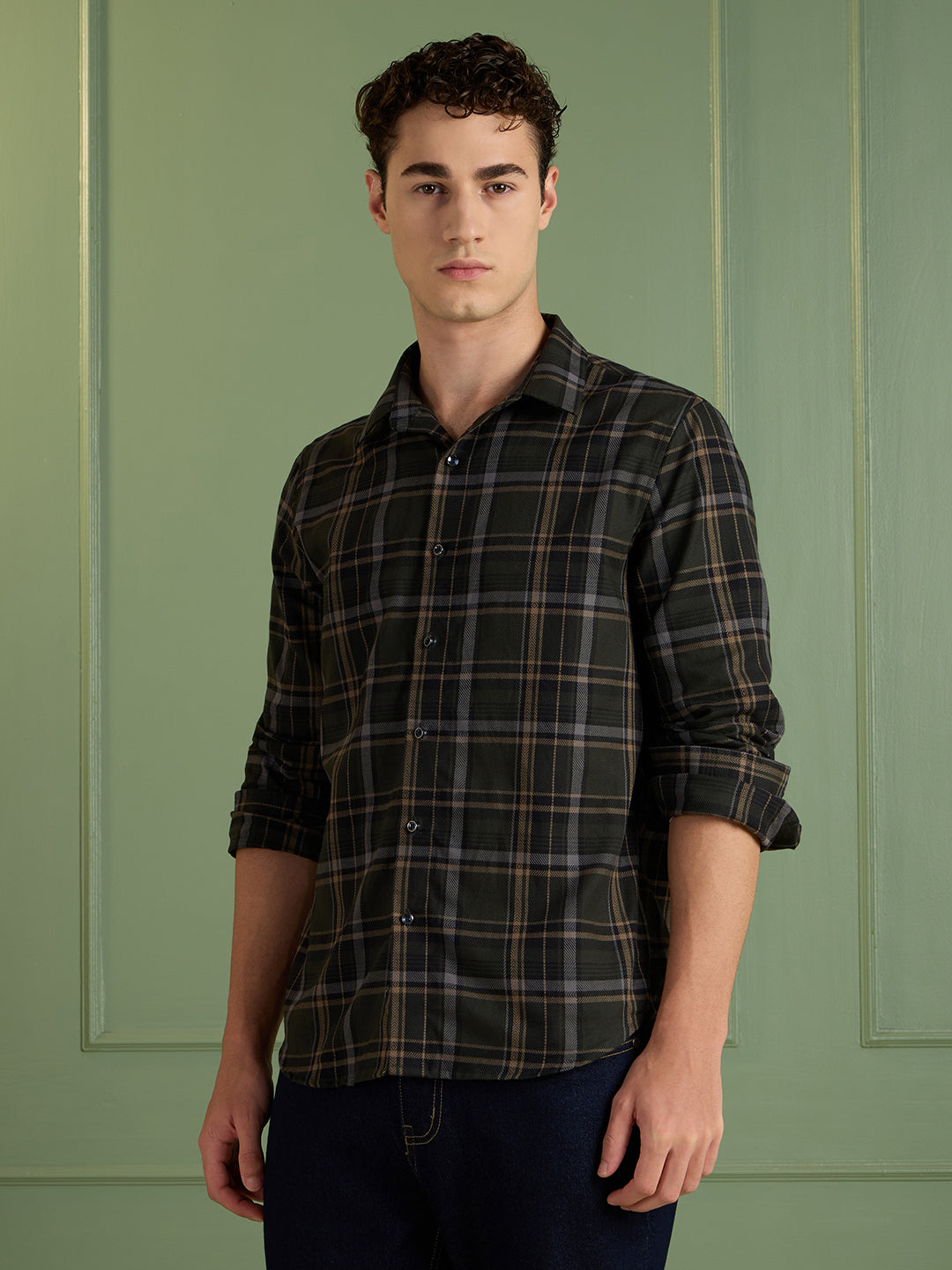 Men's Slim Fit Olive Checks 100% Cotton Casual Shirt | Mark & Albert