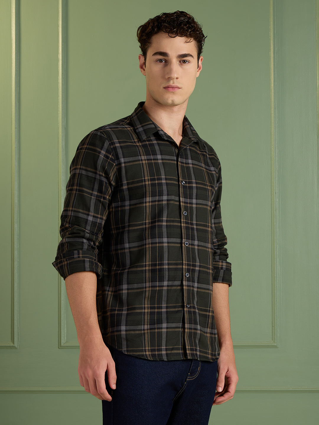 Men's Slim Fit Olive Checks 100% Cotton Casual Shirt | Mark & Albert