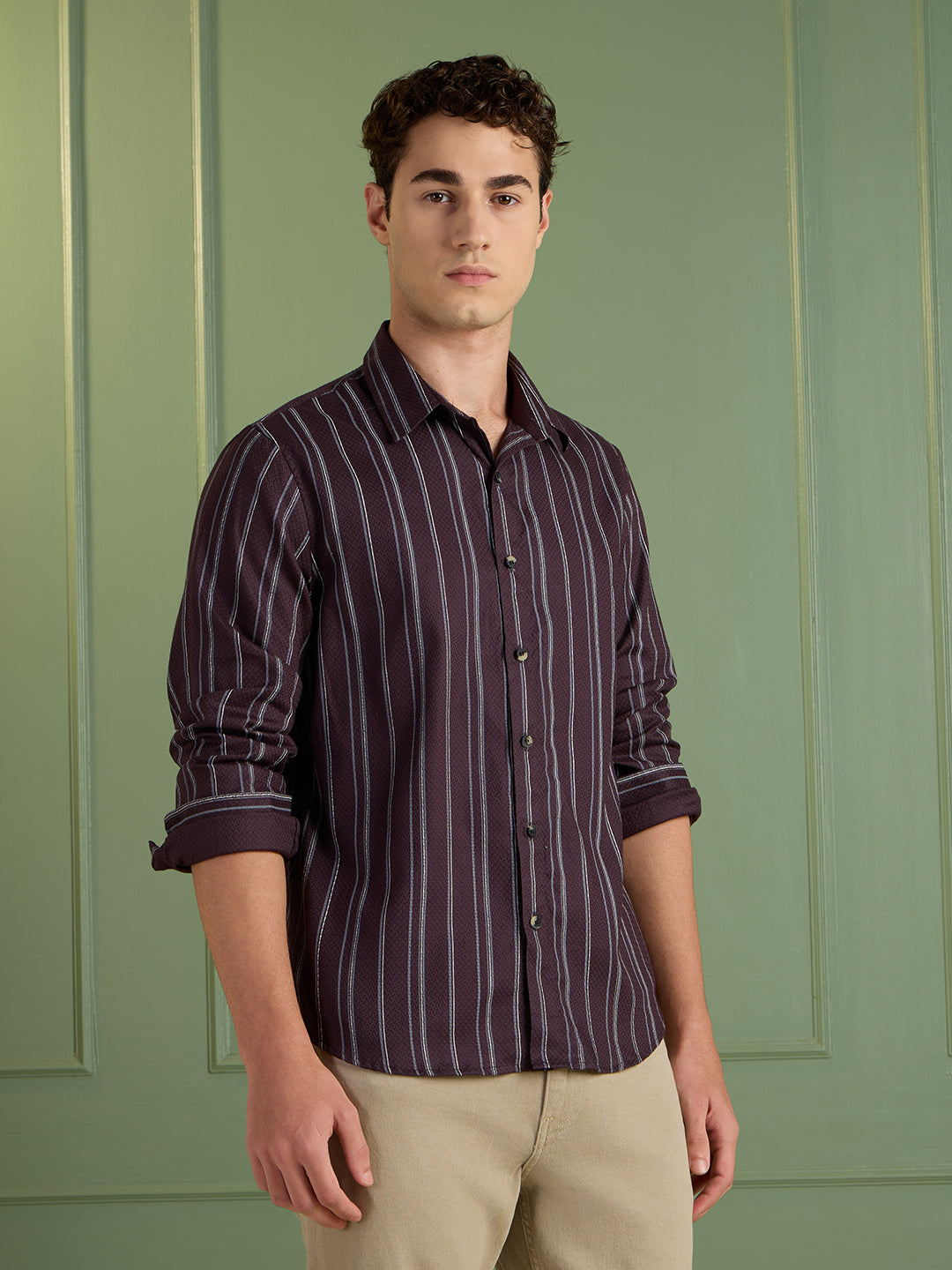 Men's Slim Fit Plum Striped Casual Shirt 100% Cotton | Mark & Albert