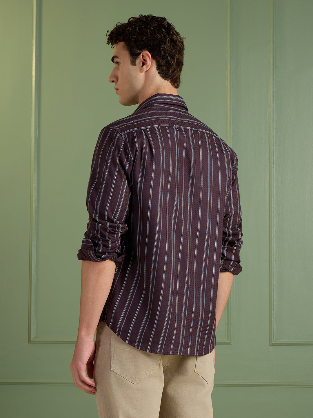 Men's Slim Fit Plum Striped Casual Shirt 100% Cotton | Mark & Albert