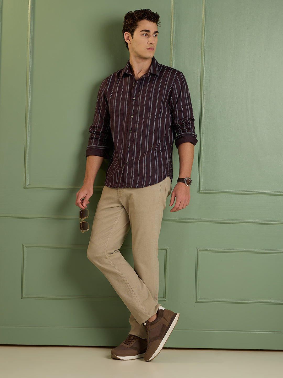 Men's Slim Fit Plum Striped Casual Shirt 100% Cotton | Mark & Albert