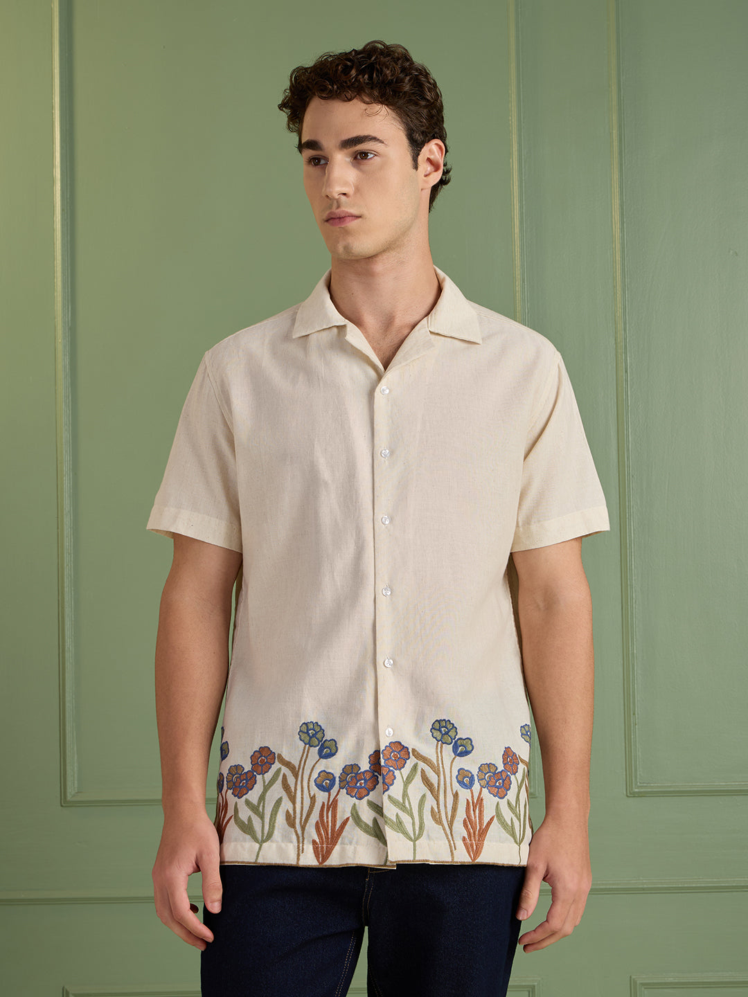 Men's Cream Floral Embroidered Regular Fit Half-Sleeves Shirt | MARK & ALBERT