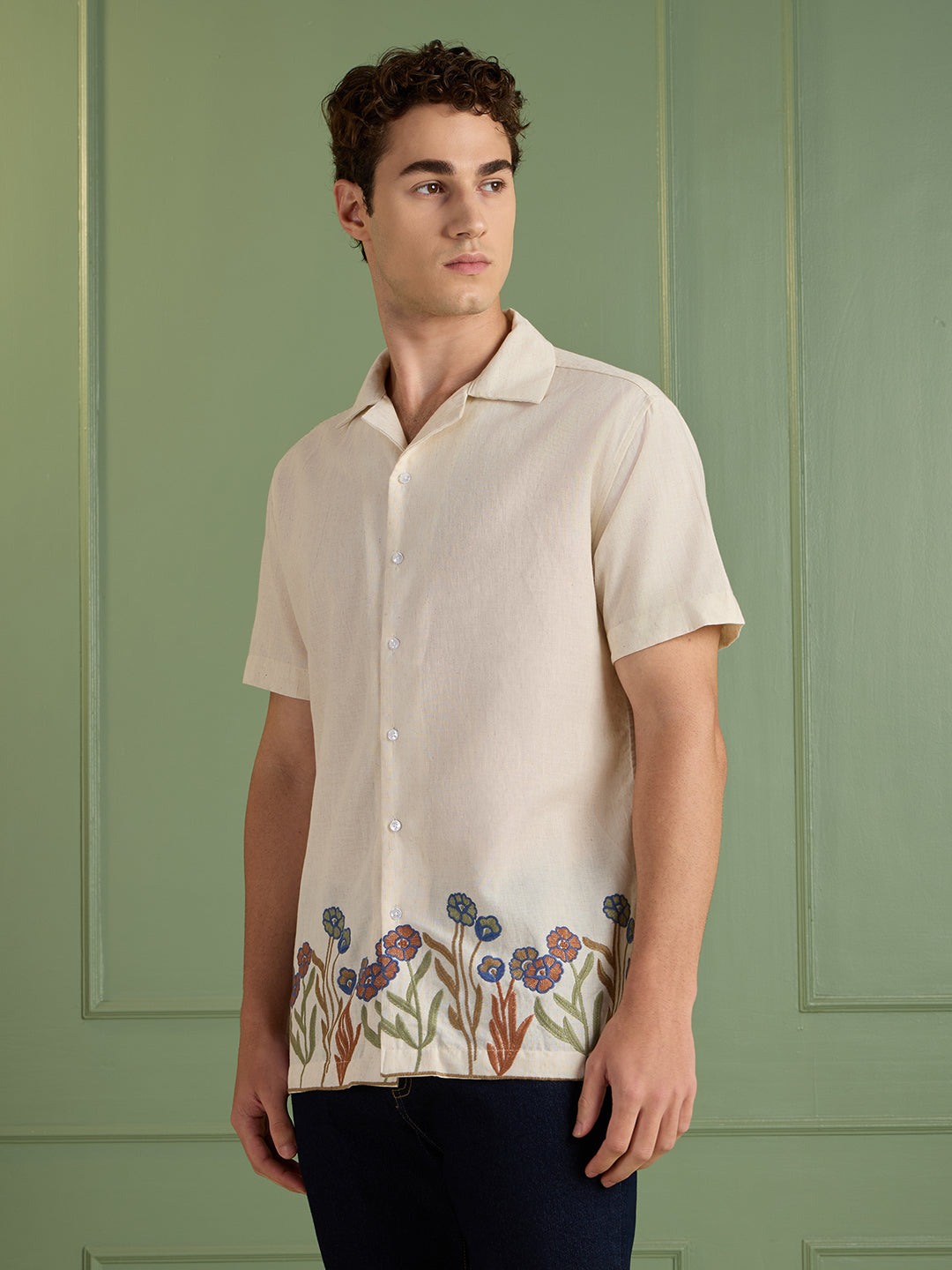 Men's Cream Floral Embroidered Regular Fit Half-Sleeves Shirt | MARK & ALBERT