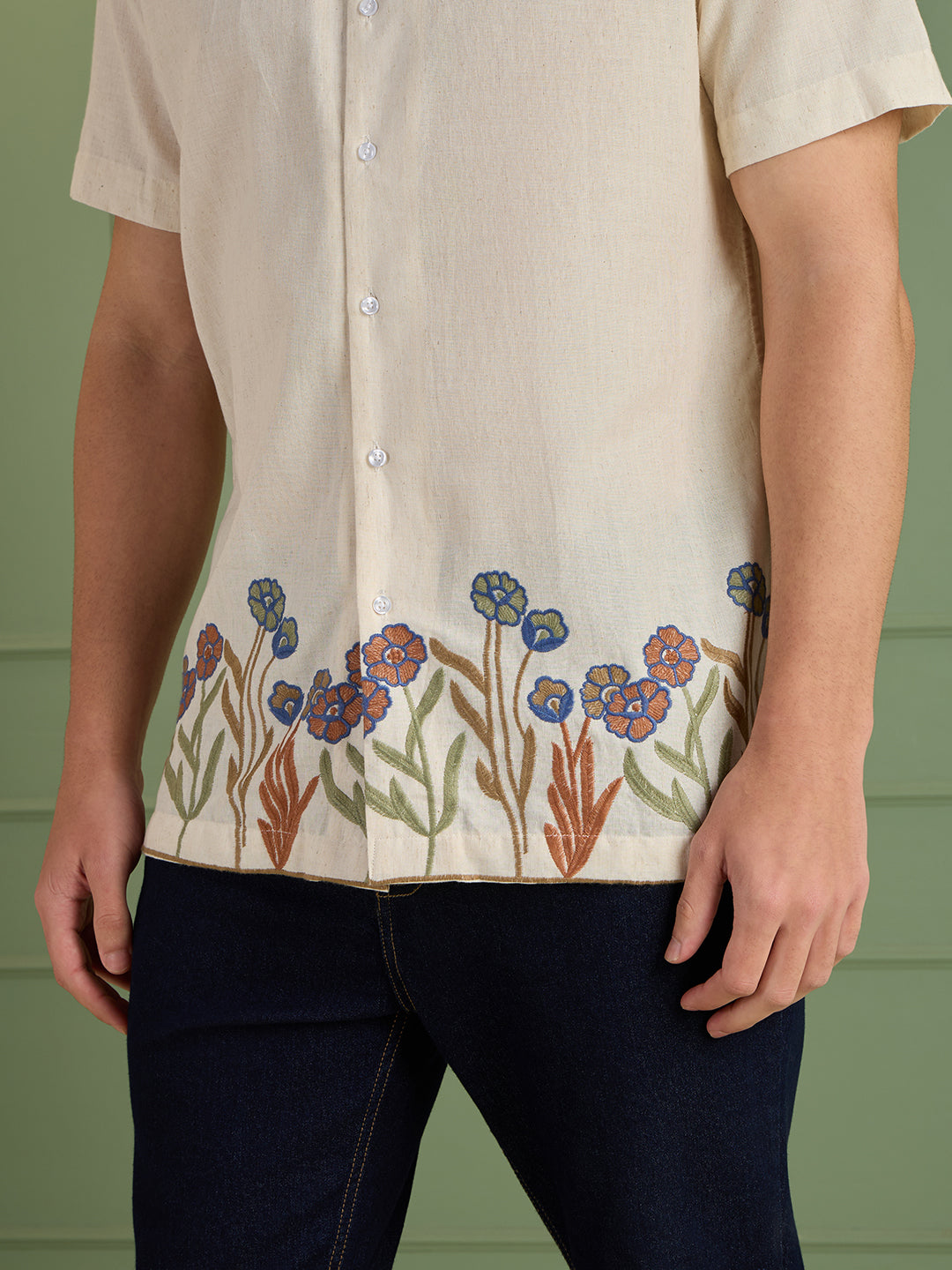Men's Cream Floral Embroidered Regular Fit Half-Sleeves Shirt | MARK & ALBERT