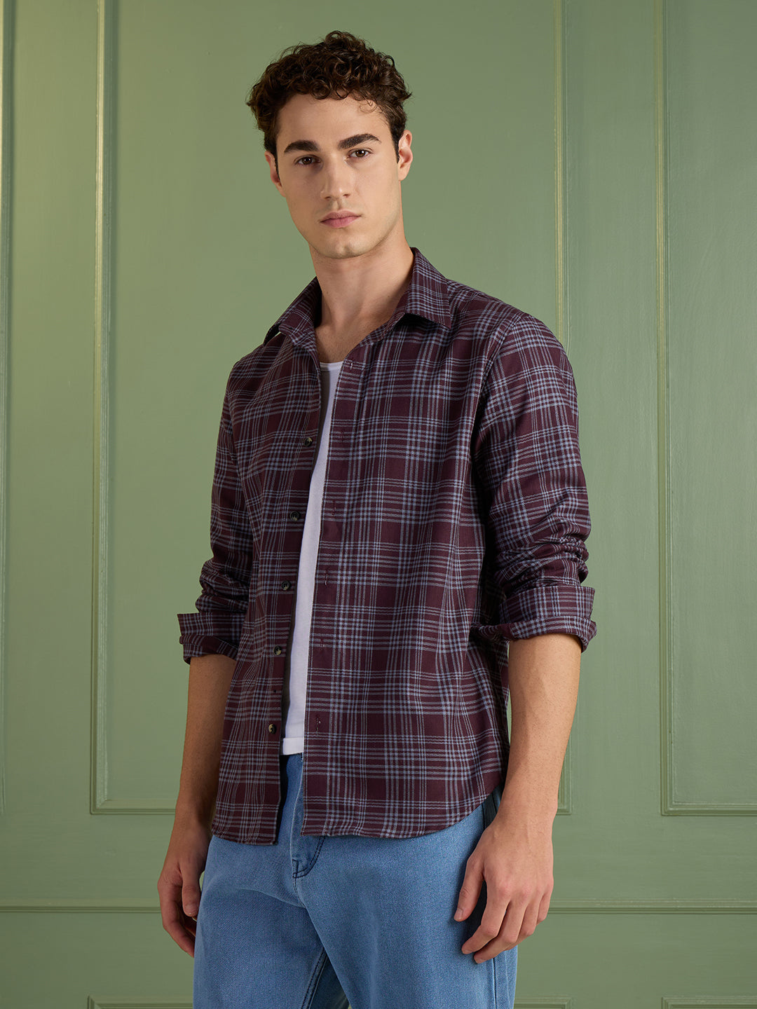Men's Slim Fit Maroon 100% Cotton Checkered Casual Shirt | Mark & Albert