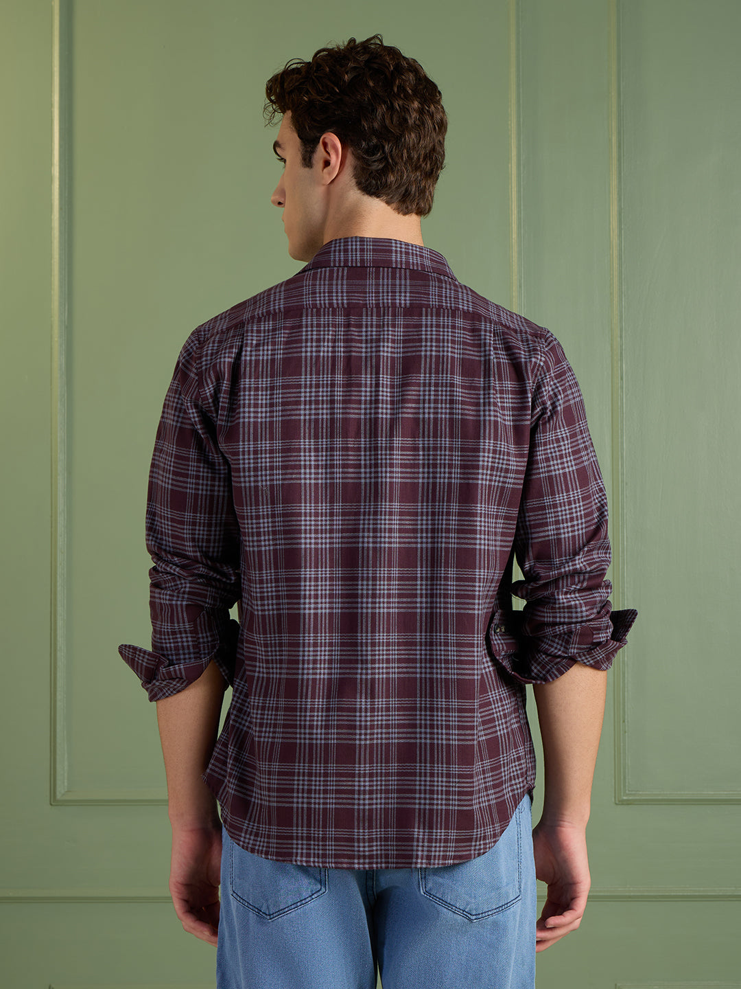 Men's Slim Fit Maroon 100% Cotton Checkered Casual Shirt | Mark & Albert