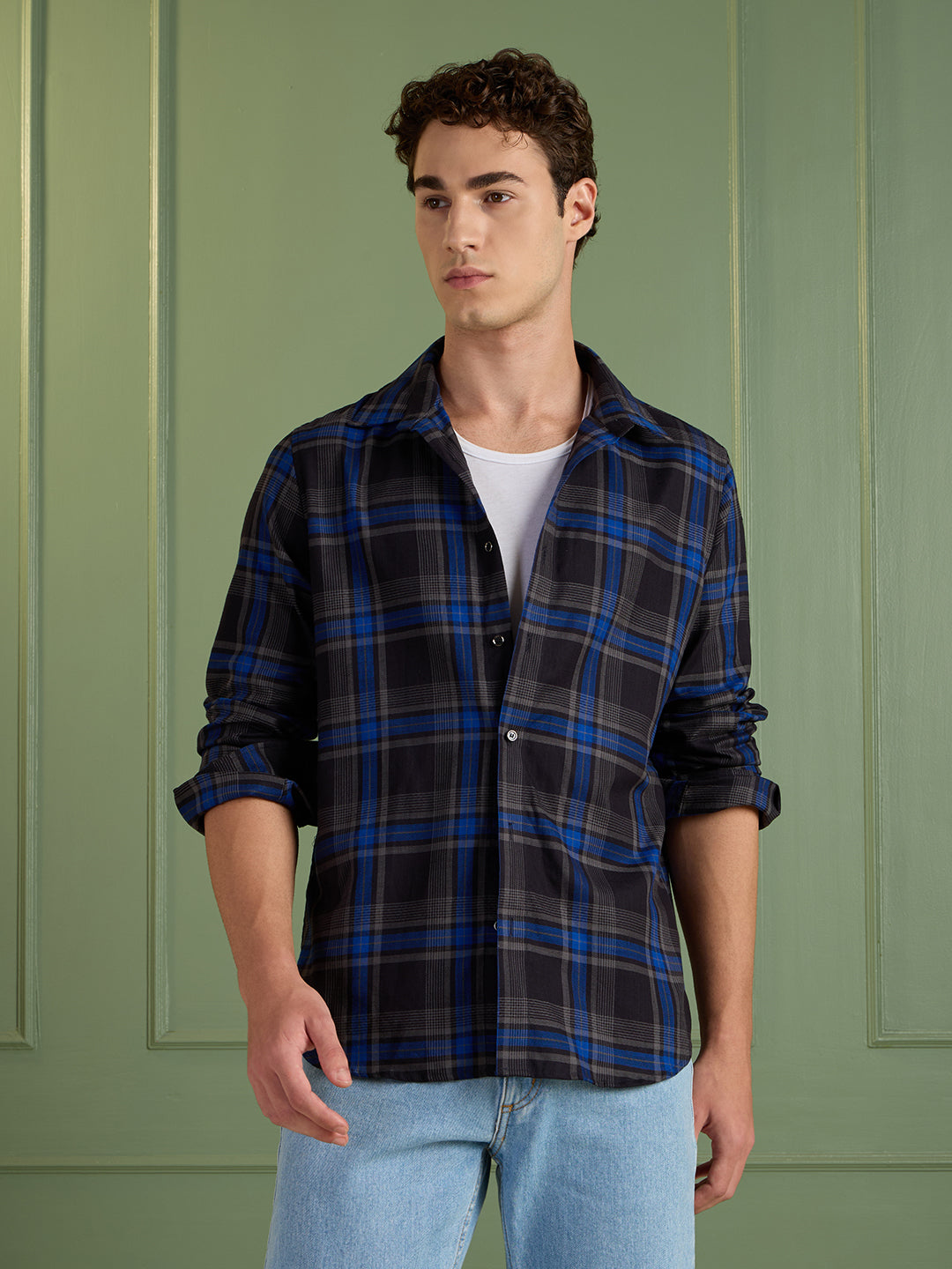Men’s Black & Blue Checkered 100% Cotton Slim Fit Casual Shirt | MARK & ALBERT