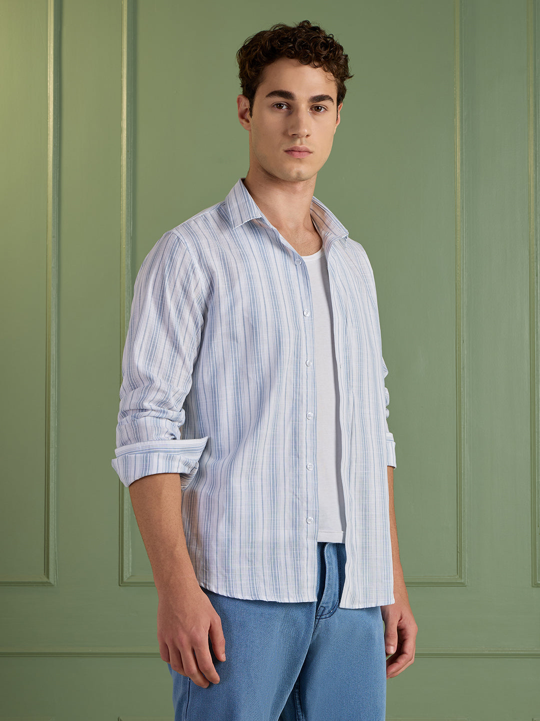 Men's Slim Fit Blue Striped 100% Cotton Casual Shirt | Mark & Albert