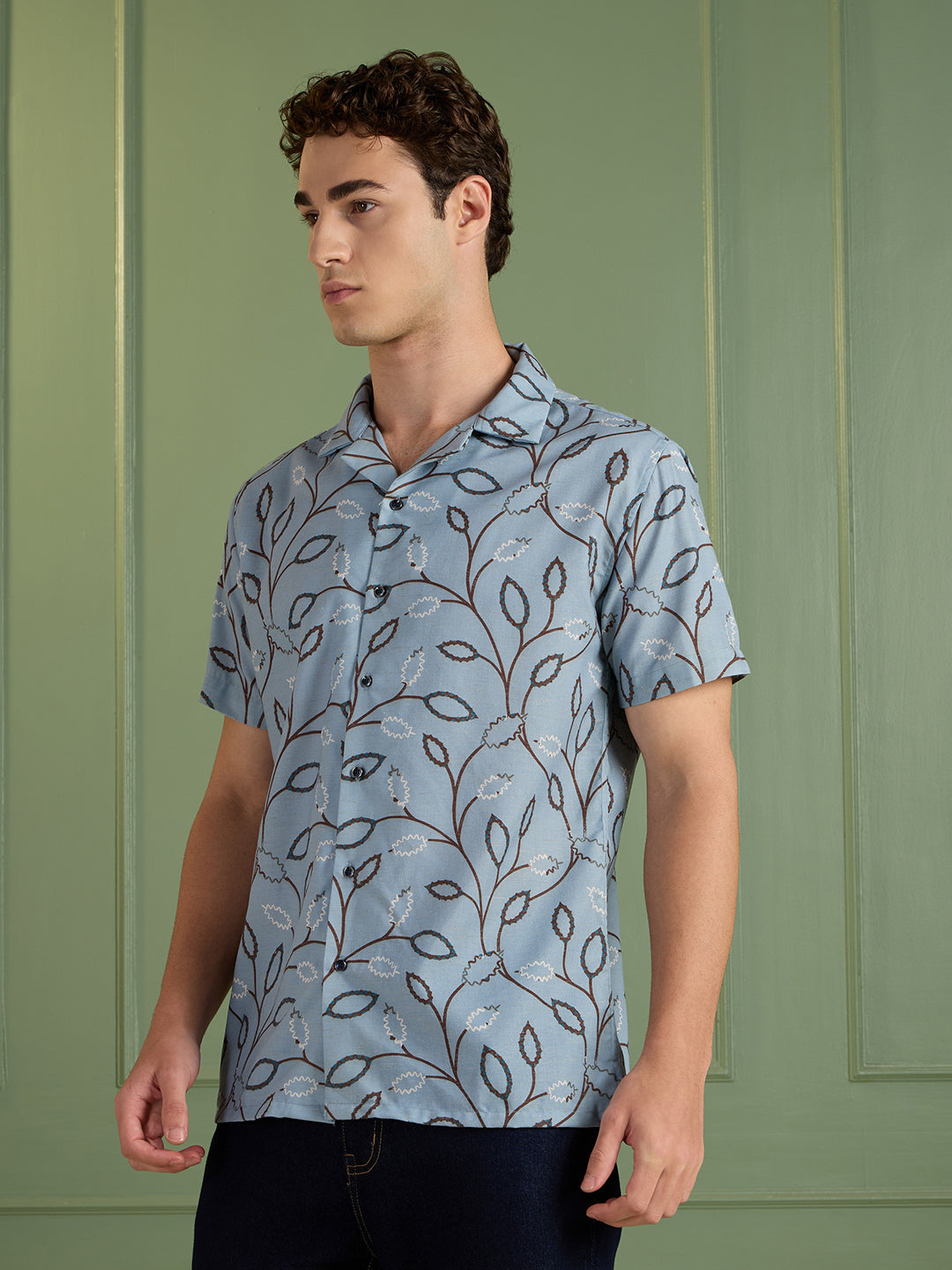 Men's Regular Fit Blue Printed Cuban Collar Half-Sleeves Shirt | MARK & ALBERT