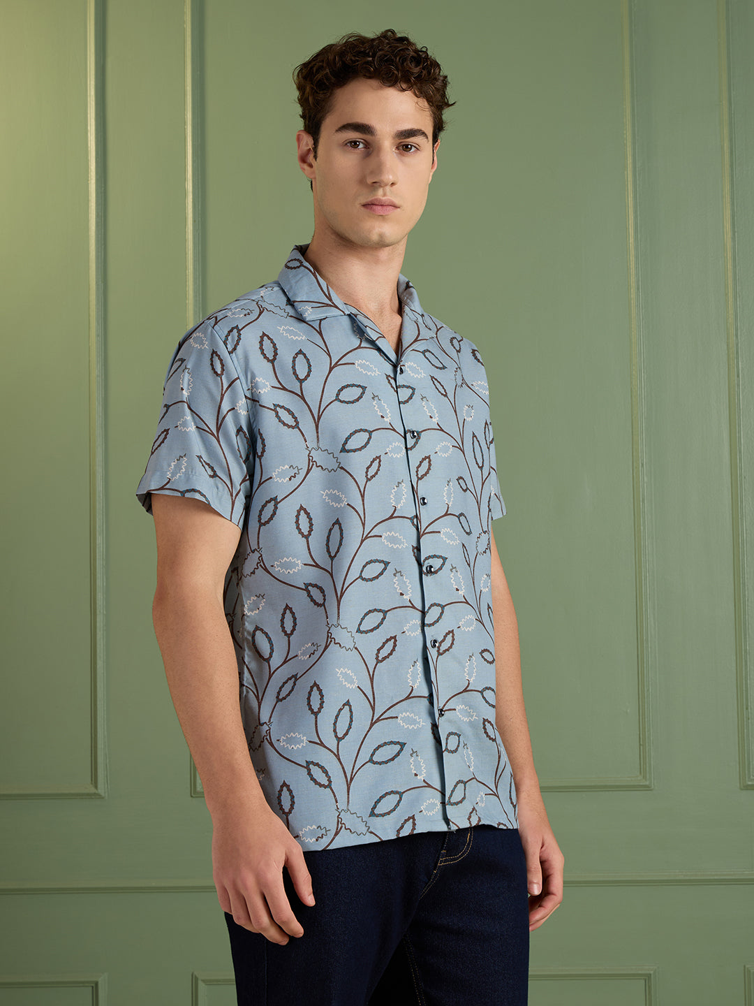 Men's Regular Fit Blue Printed Cuban Collar Half-Sleeves Shirt | MARK & ALBERT