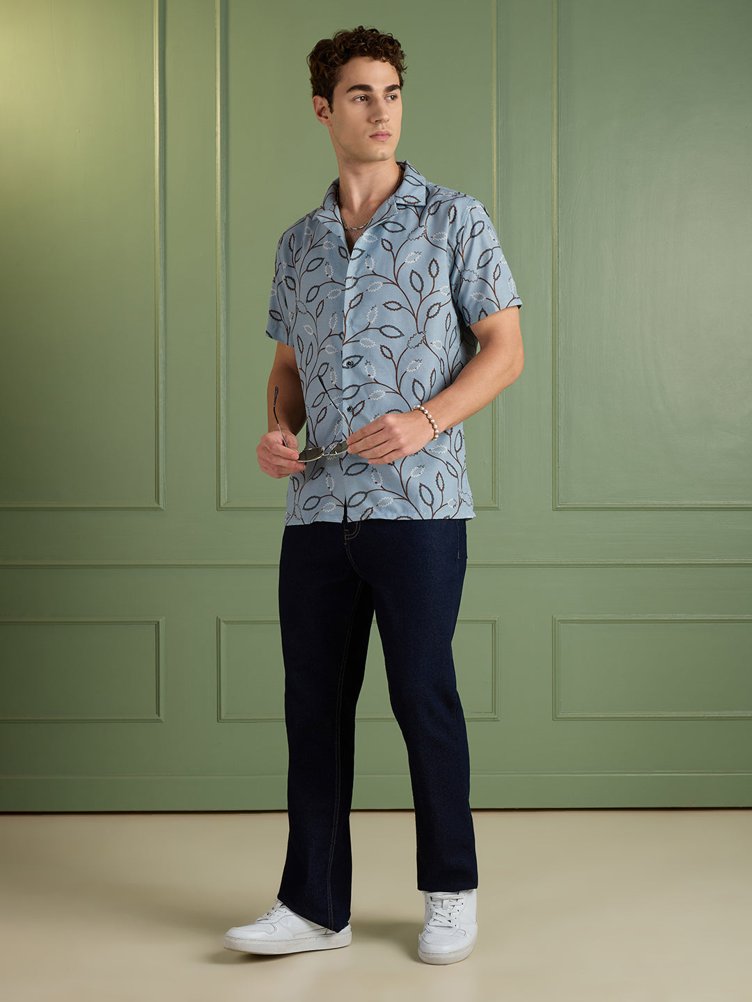 Men's Regular Fit Blue Printed Cuban Collar Half-Sleeves Shirt | MARK & ALBERT