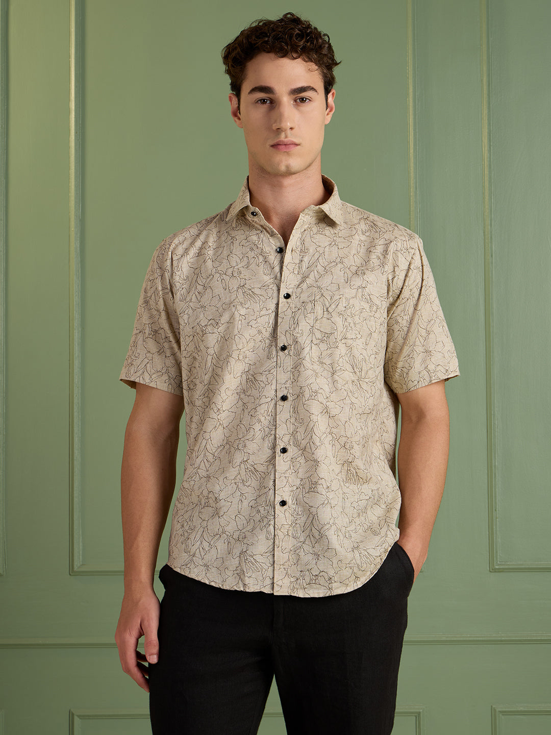 Men's Slim Fit Beige Floral Printed Half-Sleeves Shirt | MARK & ALBERT
