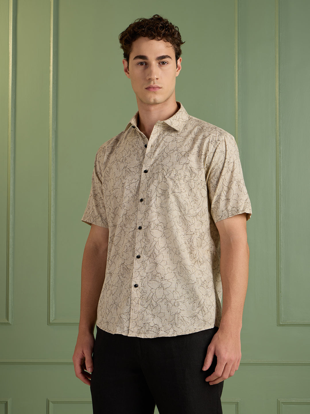 Men's Slim Fit Beige Floral Printed Half-Sleeves Shirt | MARK & ALBERT