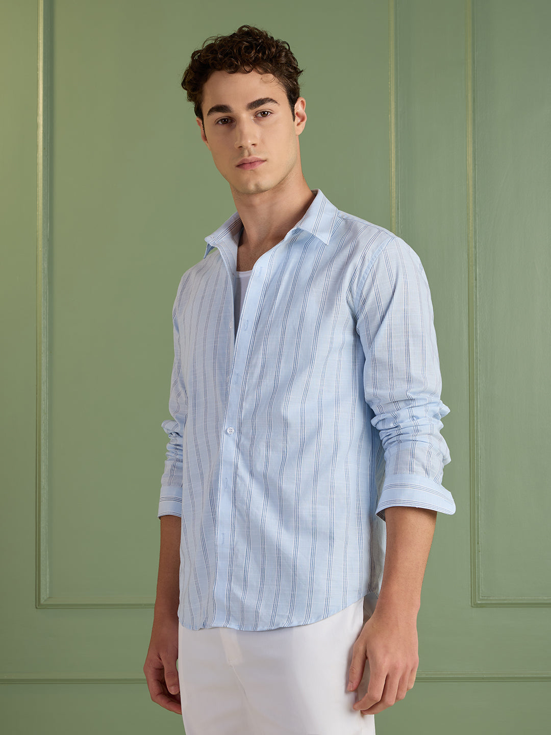 Men's Slim Fit Sky Blue Striped 100% Cotton Casual Shirt | Mark & Albert