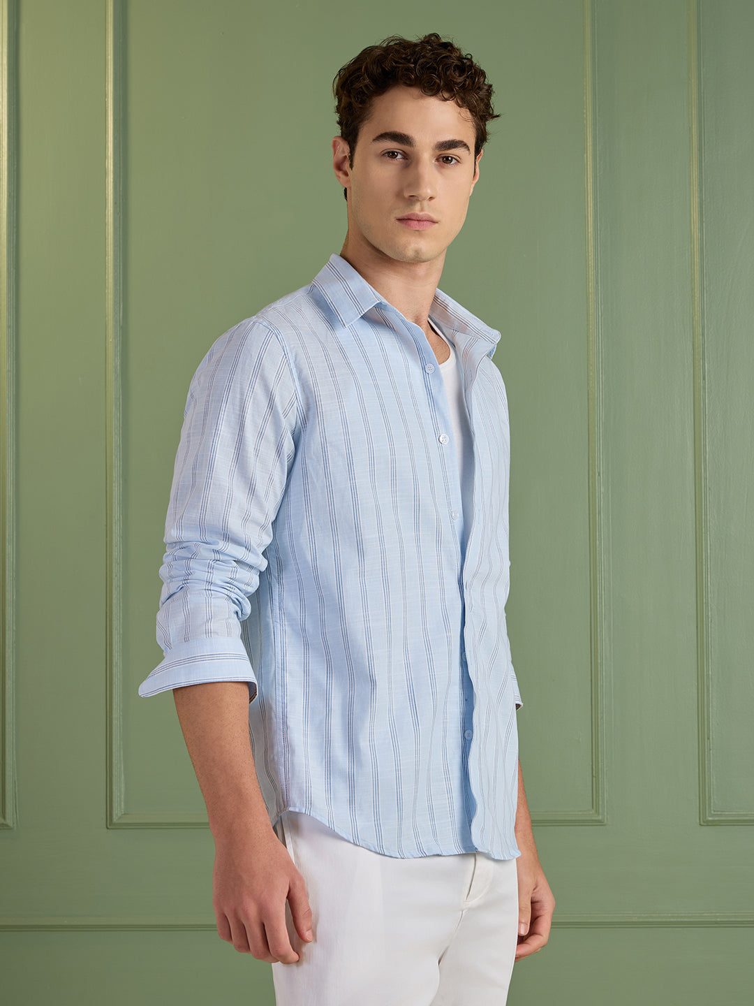 Men's Slim Fit Sky Blue Striped 100% Cotton Casual Shirt | Mark & Albert