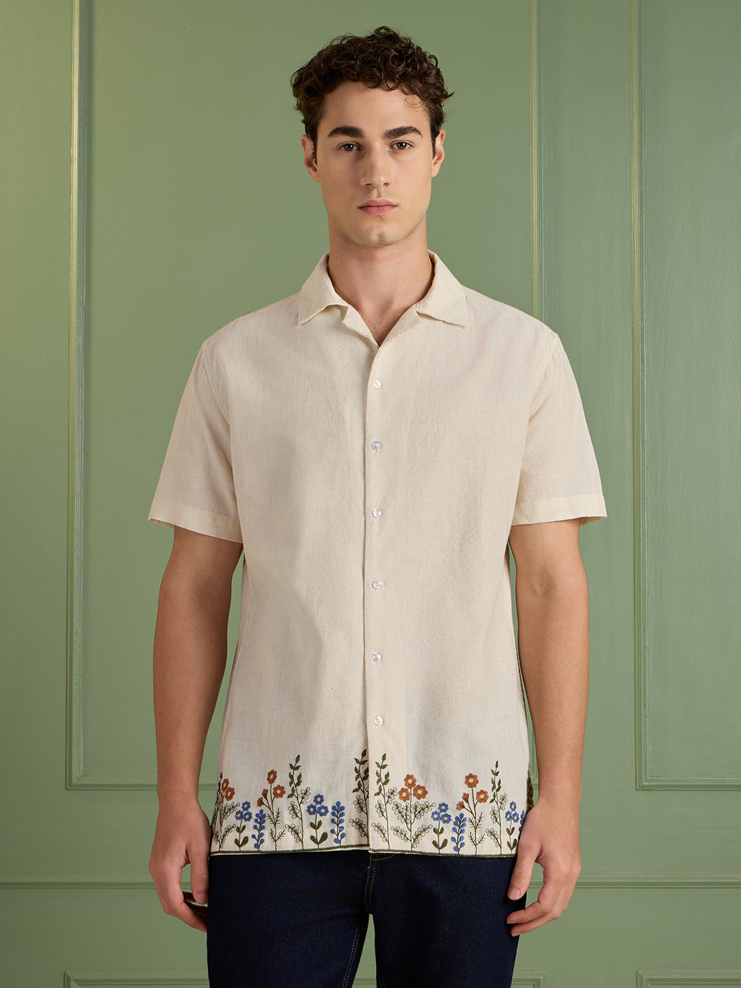 Men's Beige Floral Embroidered Regular Fit Shirt