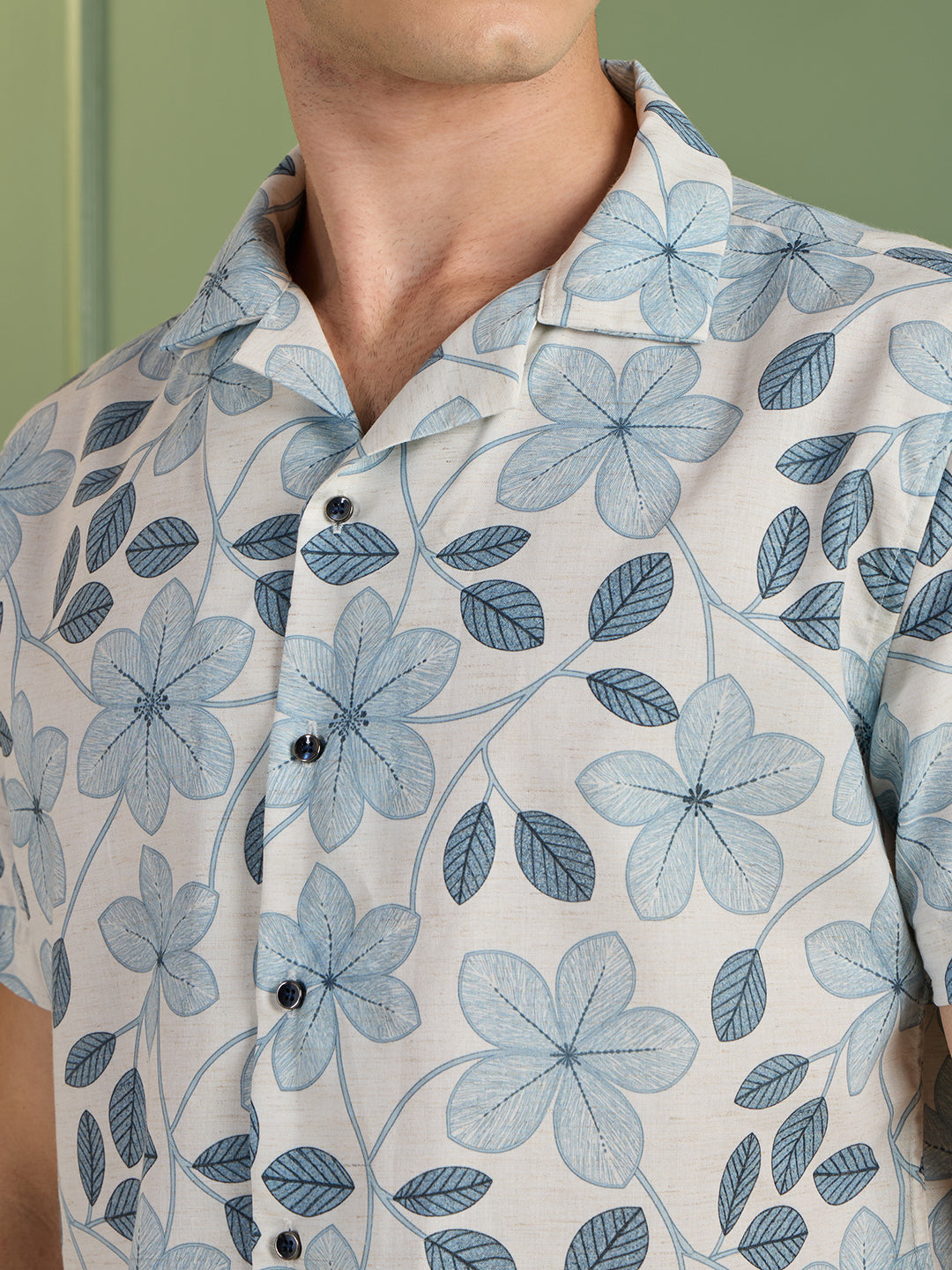 Men's Regular Fit Blue Floral Cuban Collar Half-Sleeves Shirt | MARK & ALBERT