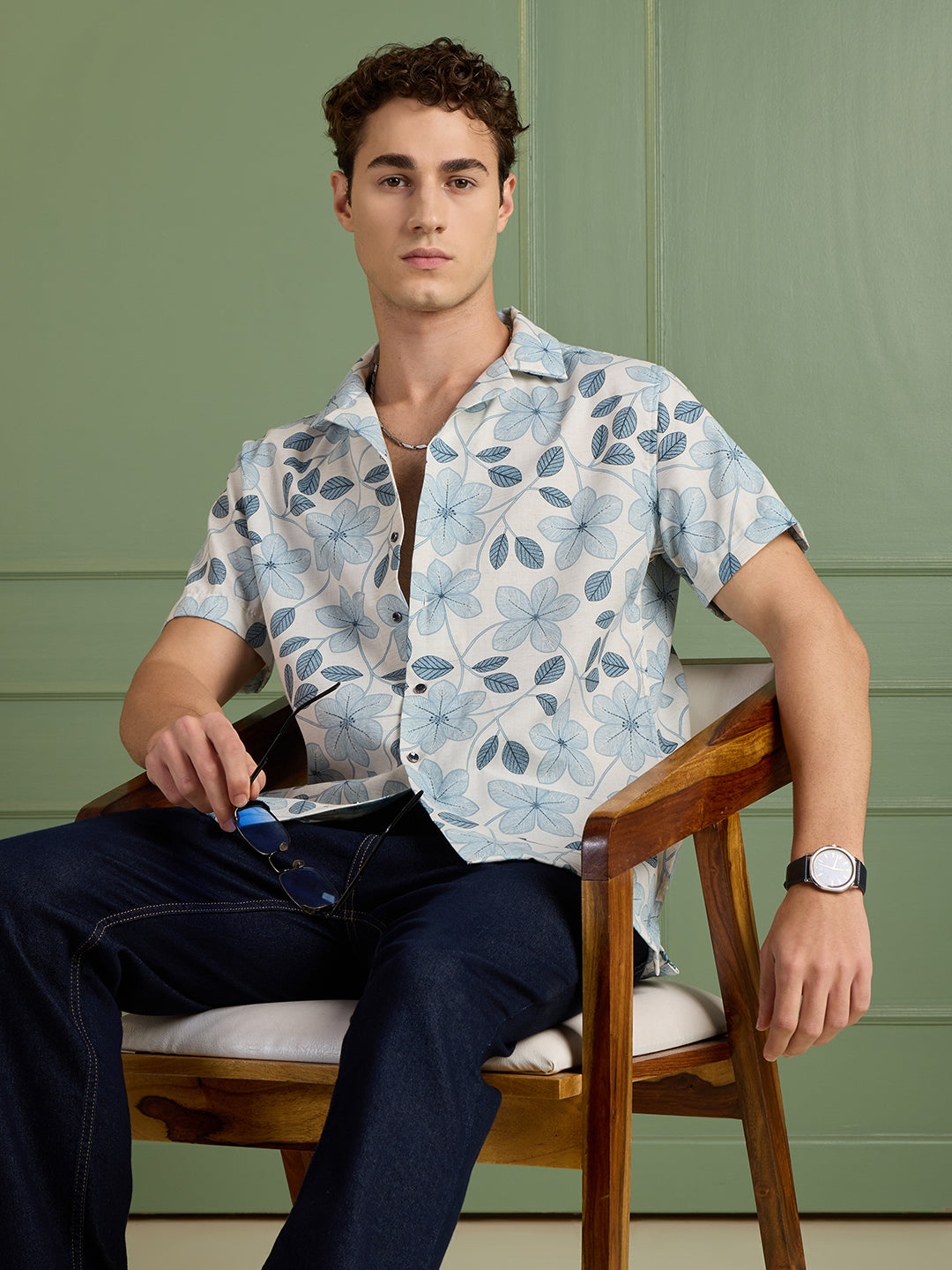 Men's Regular Fit Blue Floral Cuban Collar Half-Sleeves Shirt | MARK & ALBERT