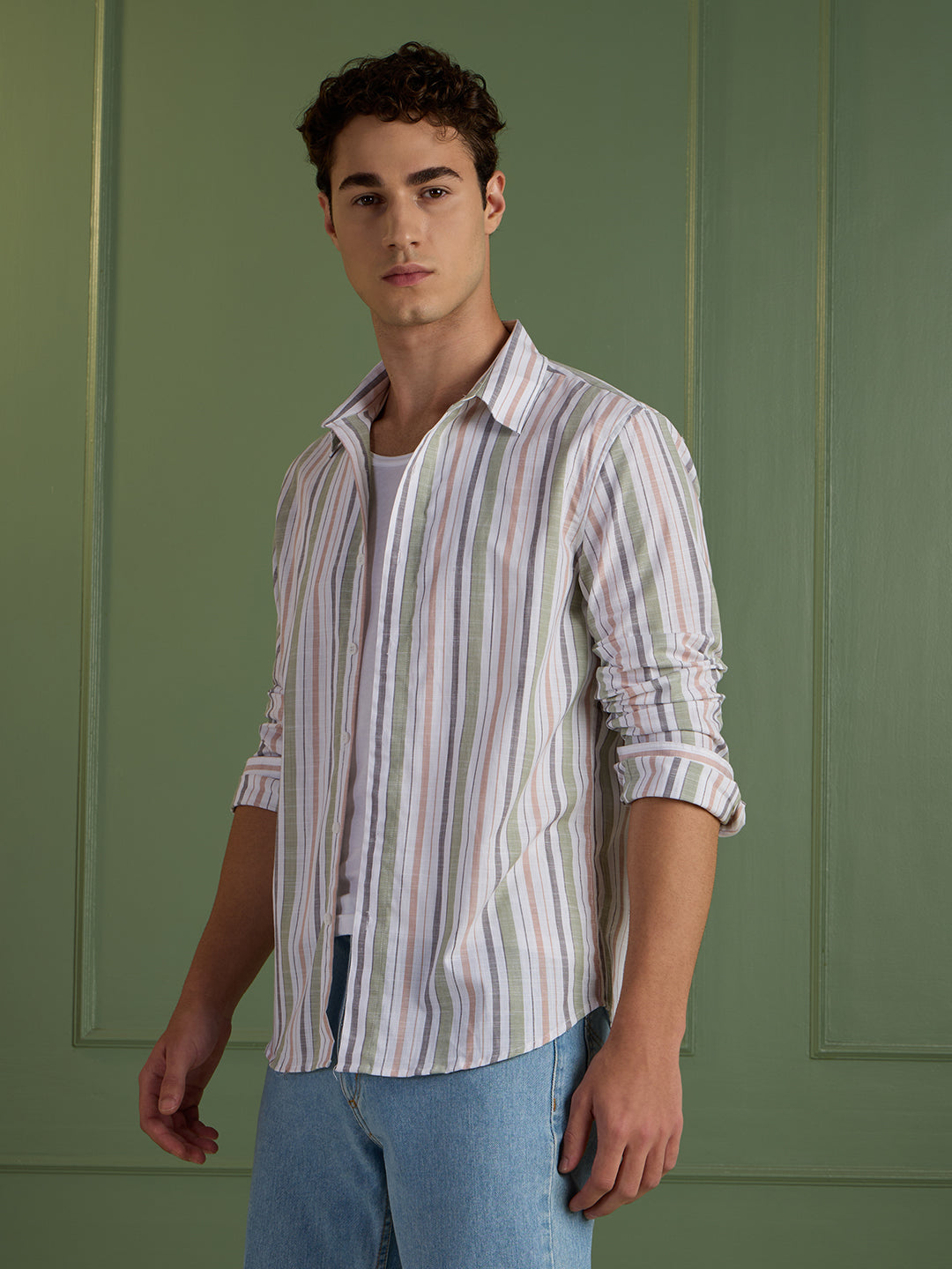 Men's Slim Fit Green Striped 100% Cotton Casual Shirt | Mark & Albert