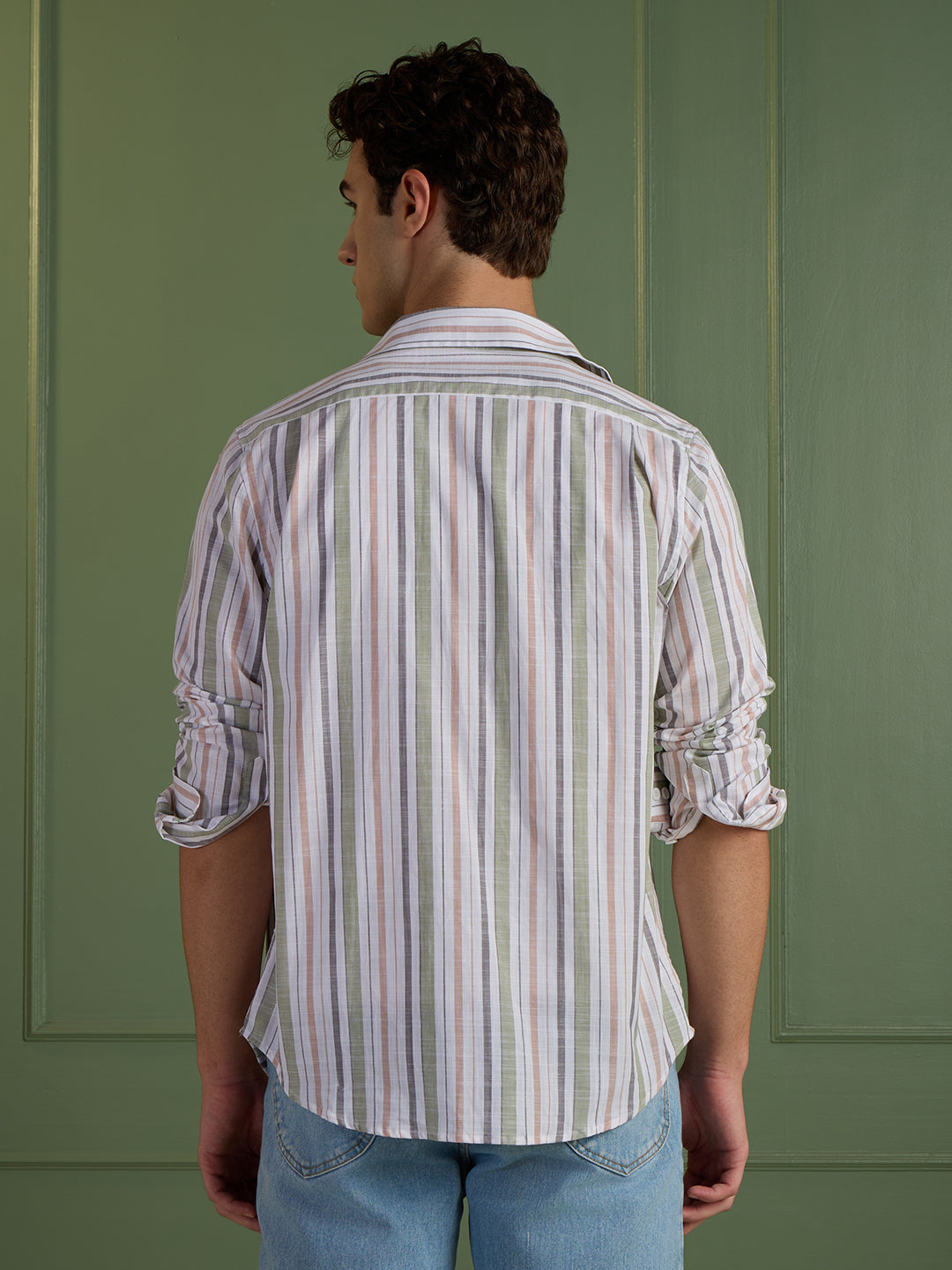 Men's Slim Fit Green Striped 100% Cotton Casual Shirt | Mark & Albert