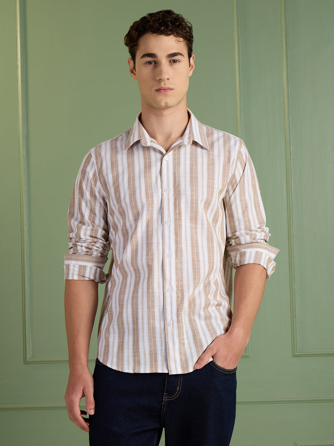 Men's Slim Fit Biege Striped 100% Cotton Casual Shirt | Mark & Albert