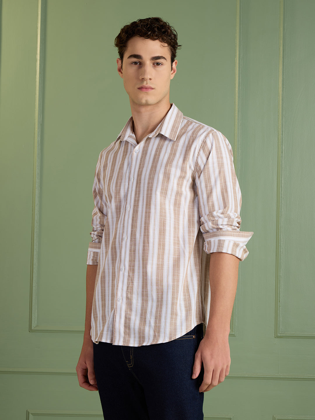 Men's Slim Fit Biege Striped 100% Cotton Casual Shirt | Mark & Albert