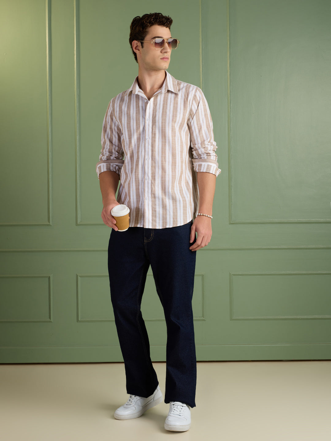 Men's Slim Fit Biege Striped 100% Cotton Casual Shirt | Mark & Albert