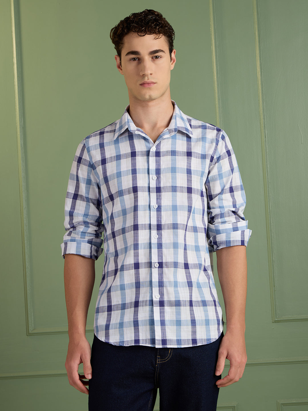 Men's Slim Fit Blue Checks 100% Cotton Casual Shirt | Mark & Albert