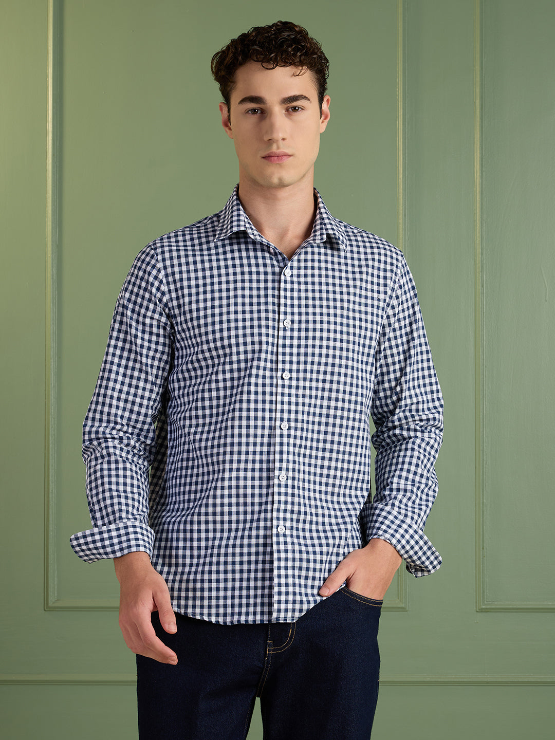 Men's Slim Fit Blue Checks 100% Cotton Casual Shirt | Mark & Albert