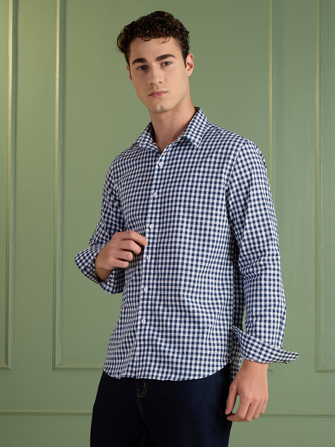 Men's Slim Fit Blue Checks 100% Cotton Casual Shirt | Mark & Albert