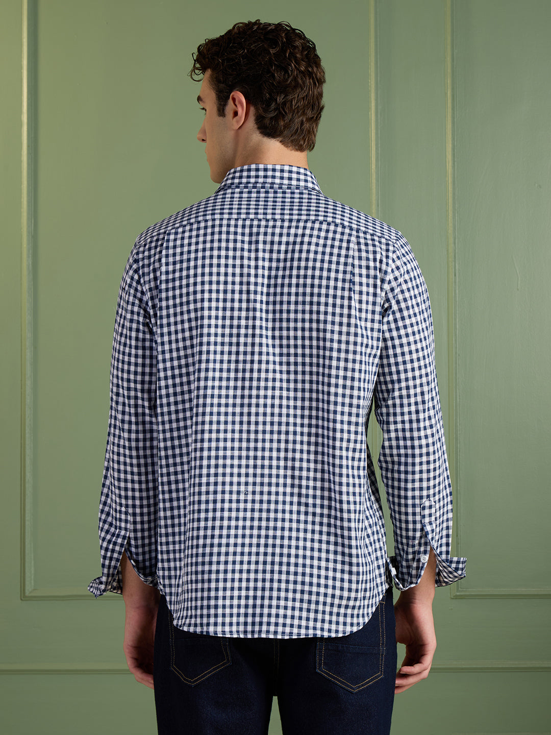 Men's Slim Fit Blue Checks 100% Cotton Casual Shirt | Mark & Albert