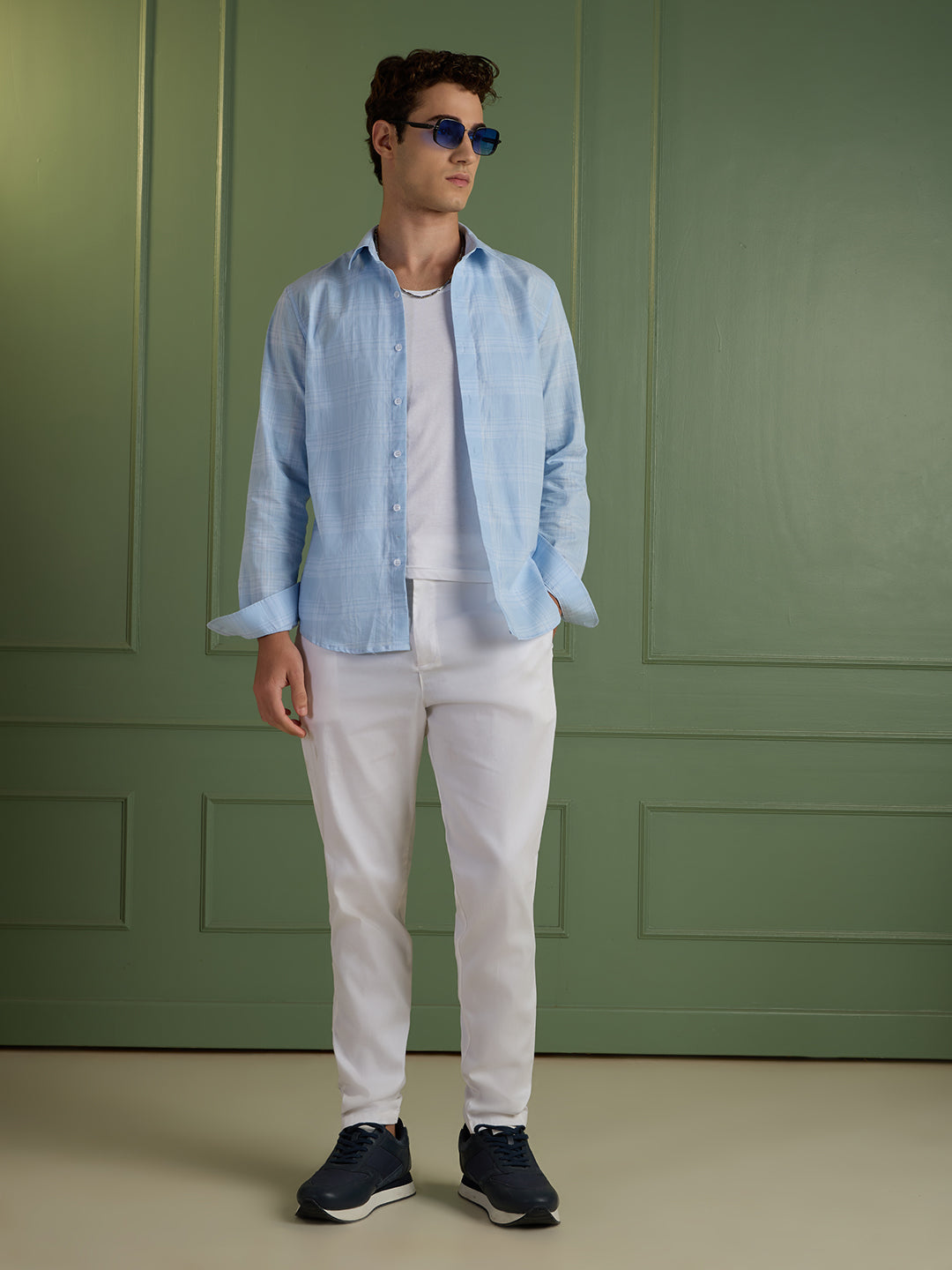 Men's Slim Fit Sky Blue 100% Cotton Checkered Casual Shirt | Mark & Albert