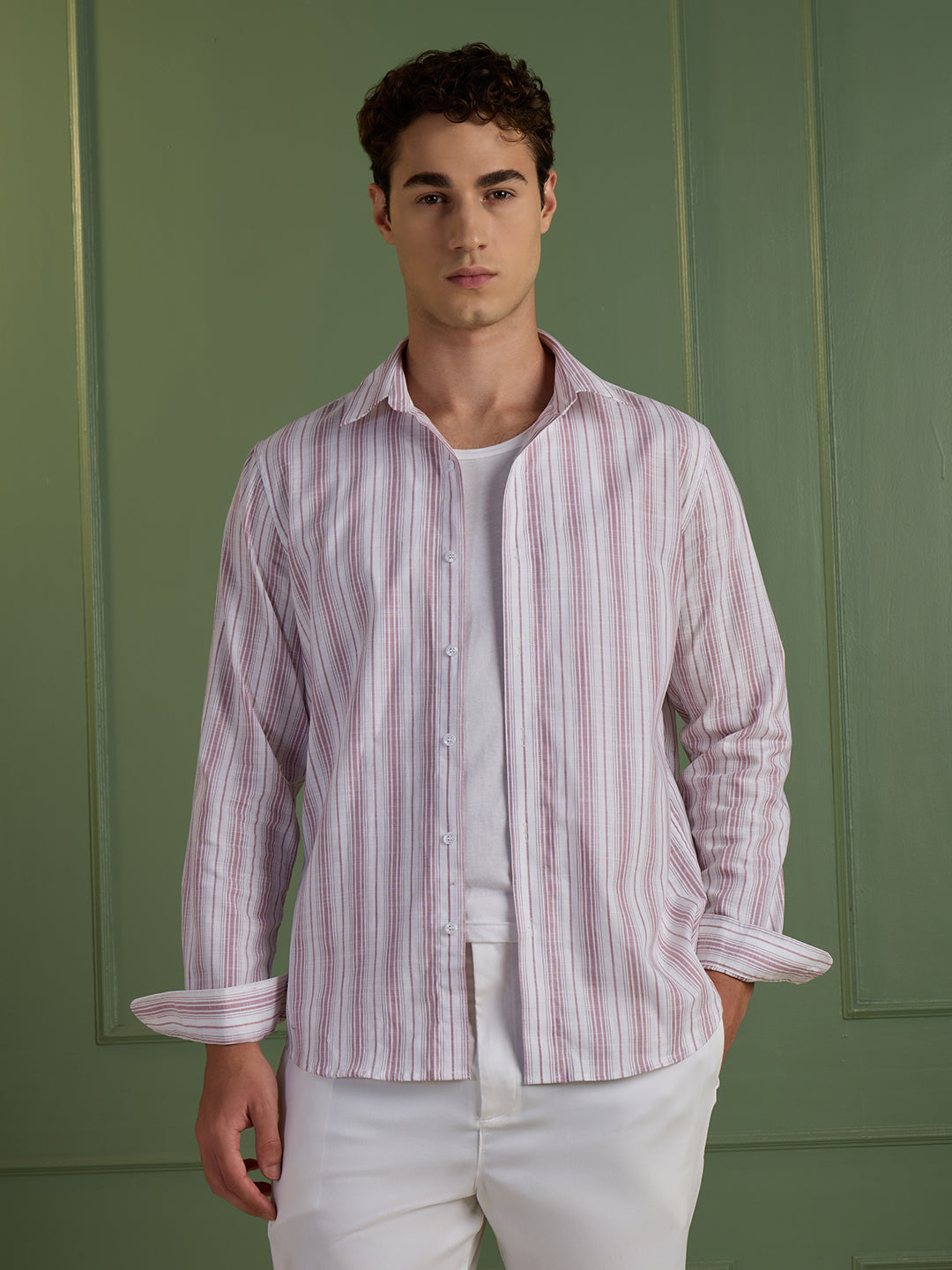 Men's Slim Fit Pink Striped 100% Cotton Casual Shirt | Mark & Albert