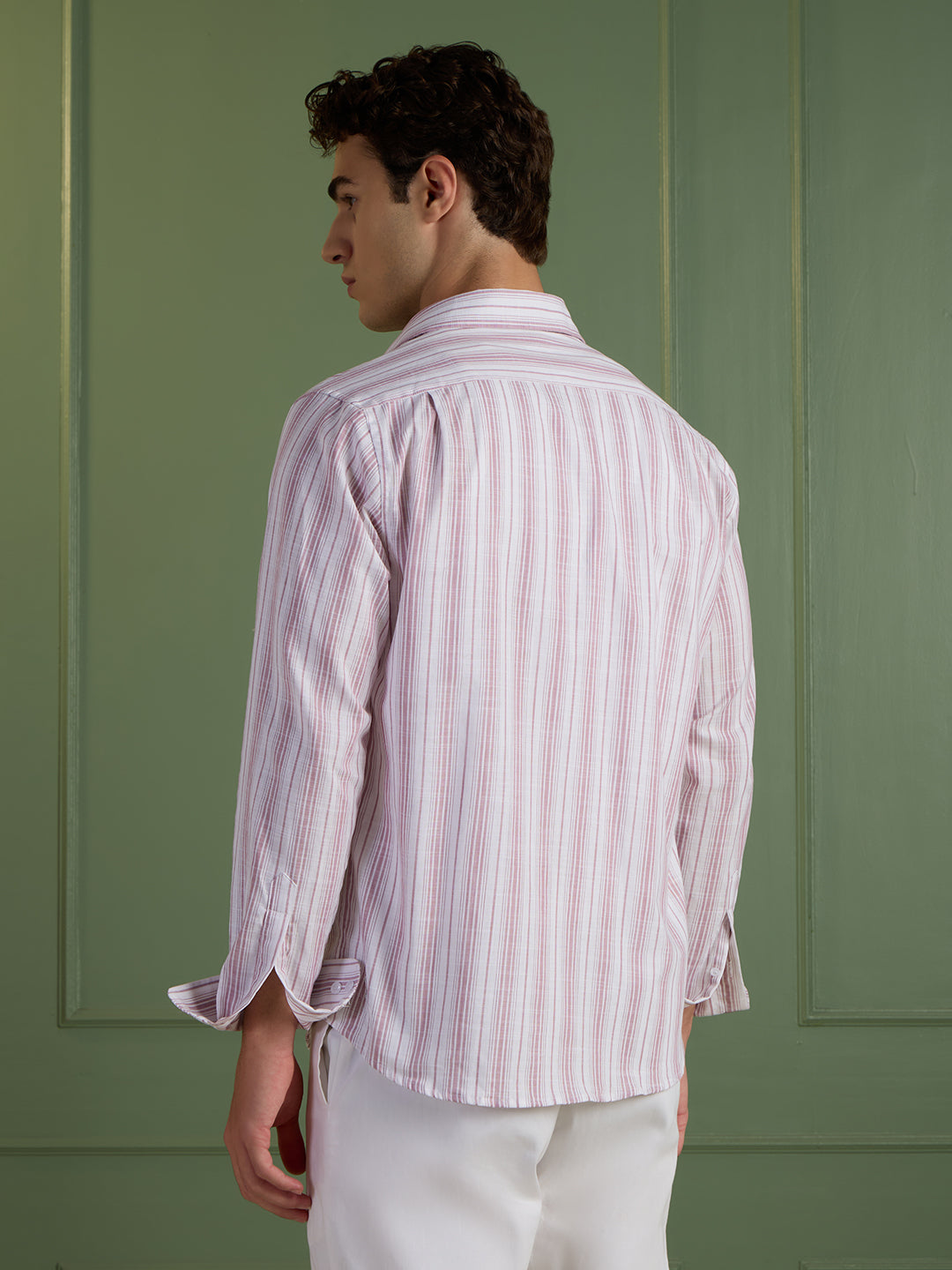 Men's Slim Fit Pink Striped 100% Cotton Casual Shirt | Mark & Albert