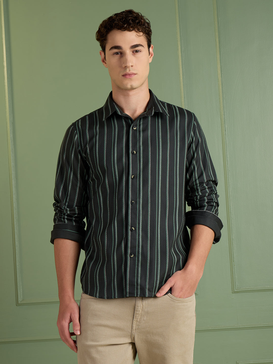 Men's Slim Fit Green Striped Casual Shirt 100% Cotton | Mark & Albert