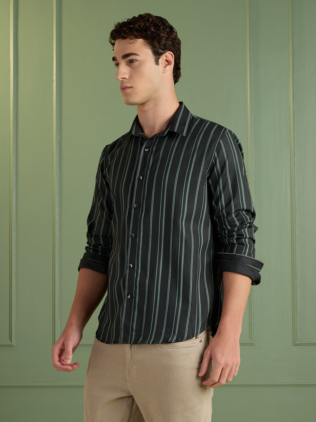 Men's Slim Fit Green Striped Casual Shirt 100% Cotton | Mark & Albert
