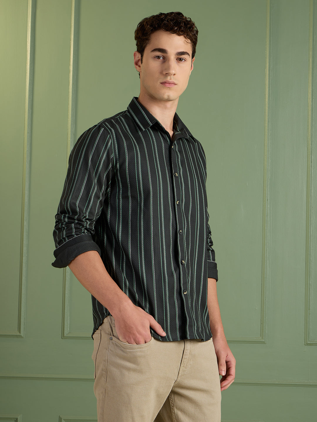 Men's Slim Fit Green Striped Casual Shirt 100% Cotton | Mark & Albert