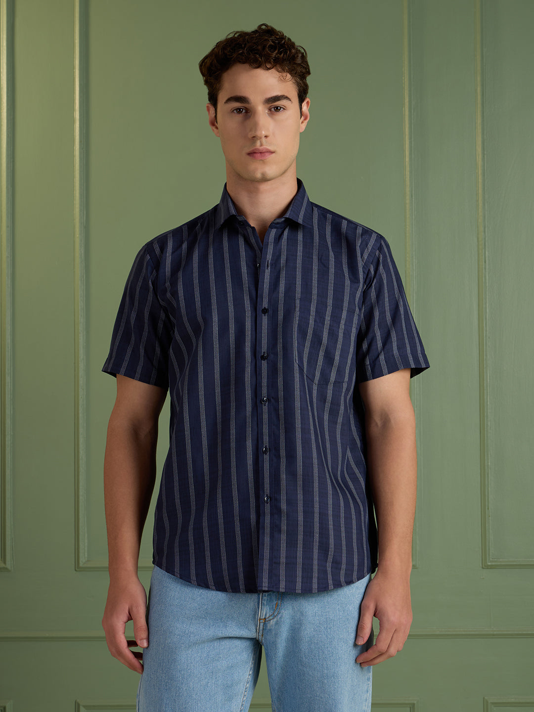 Men's Slim Fit Blue Striped Linen - Cotton Half-Sleeves Shirt | MARK & ALBERT