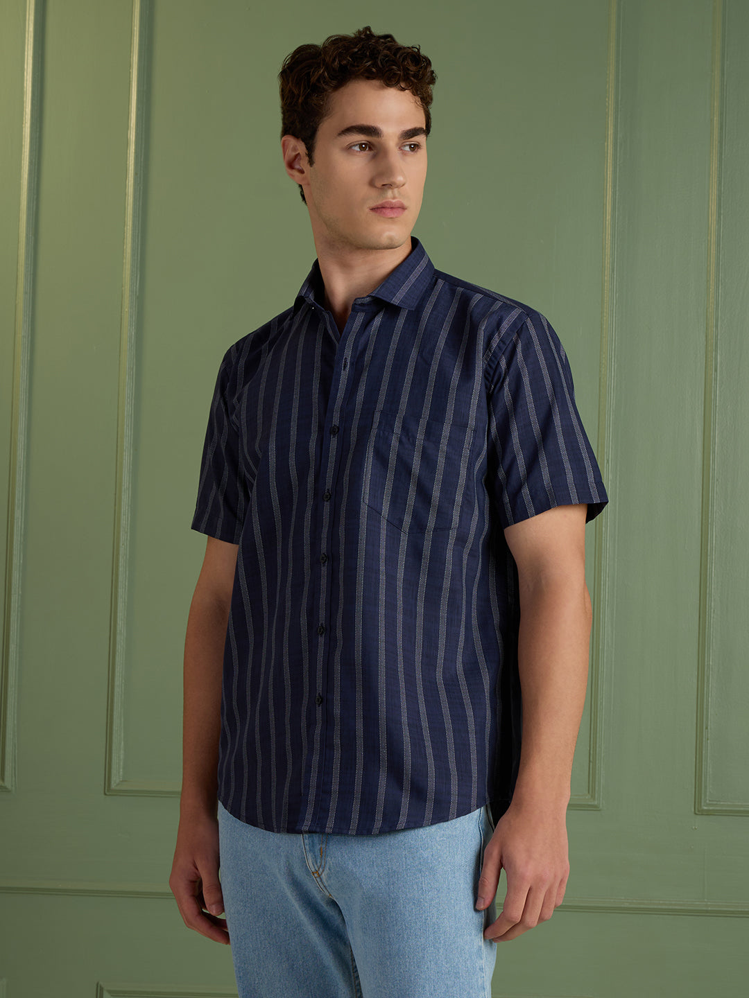 Men's Slim Fit Blue Striped Linen - Cotton Half-Sleeves Shirt | MARK & ALBERT