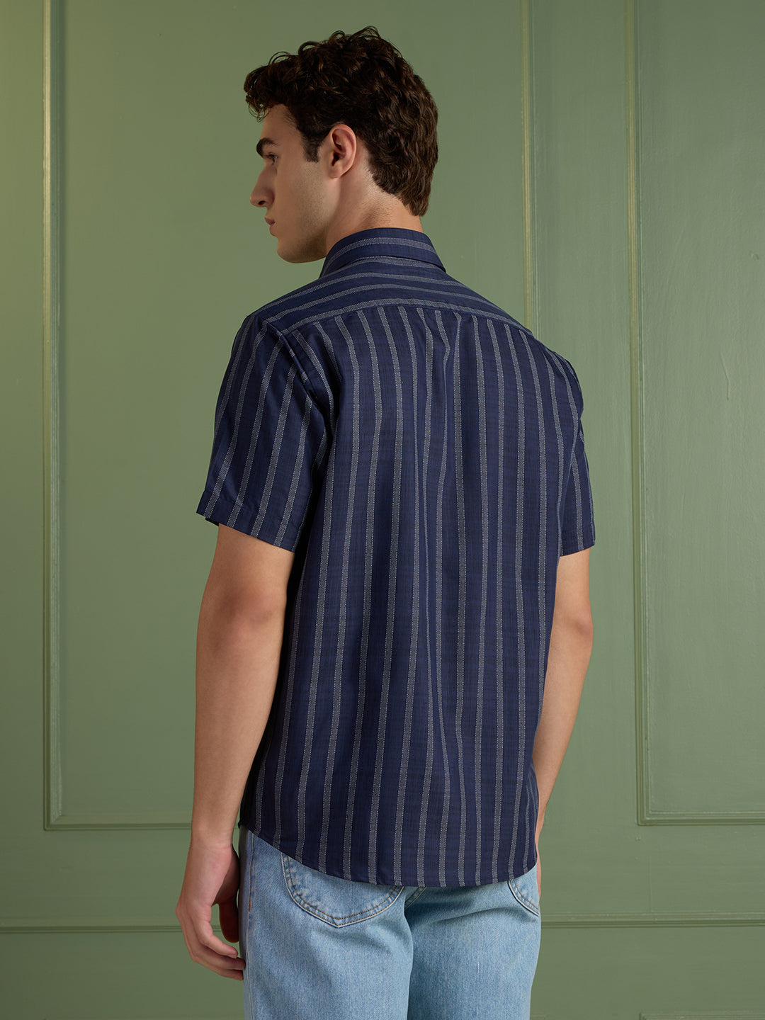 Men's Slim Fit Blue Striped Linen - Cotton Half-Sleeves Shirt | MARK & ALBERT