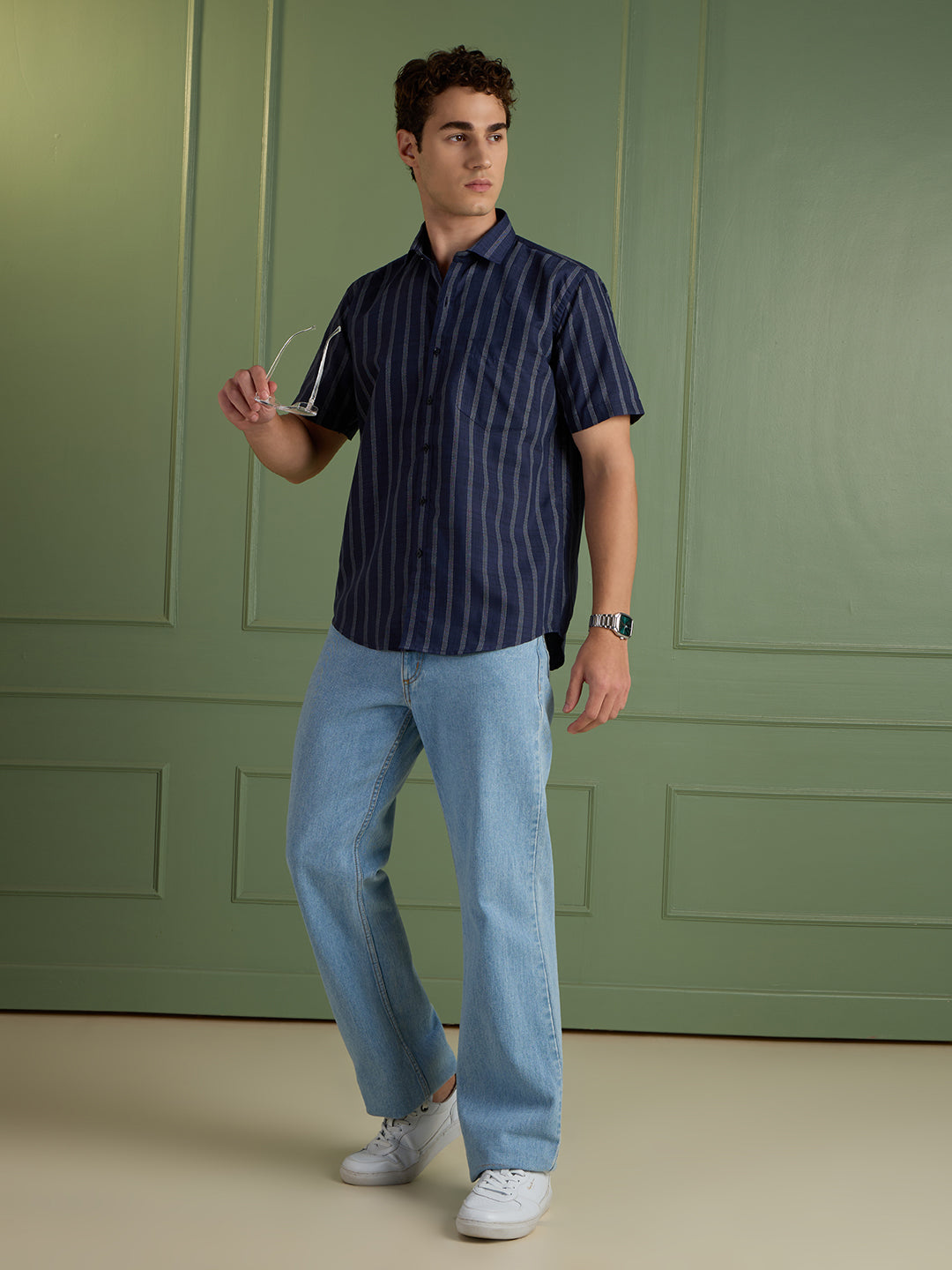 Men's Slim Fit Blue Striped Linen - Cotton Half-Sleeves Shirt | MARK & ALBERT