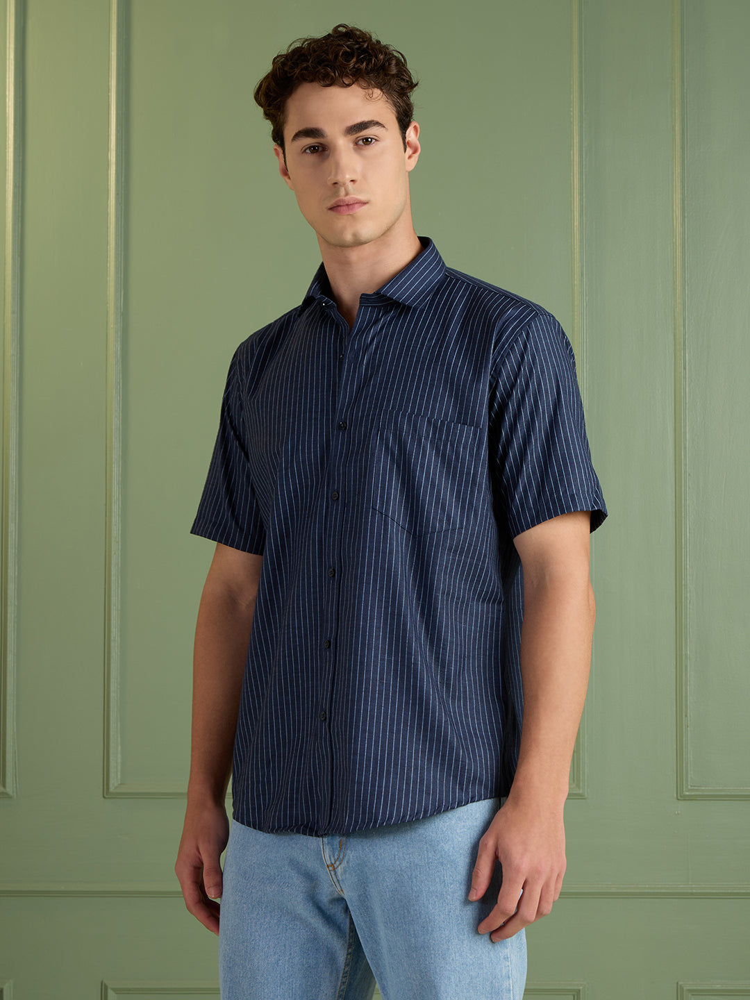 Men's Slim Fit Blue Striped Linen - Cotton Half-Sleeves Shirt | MARK & ALBERT